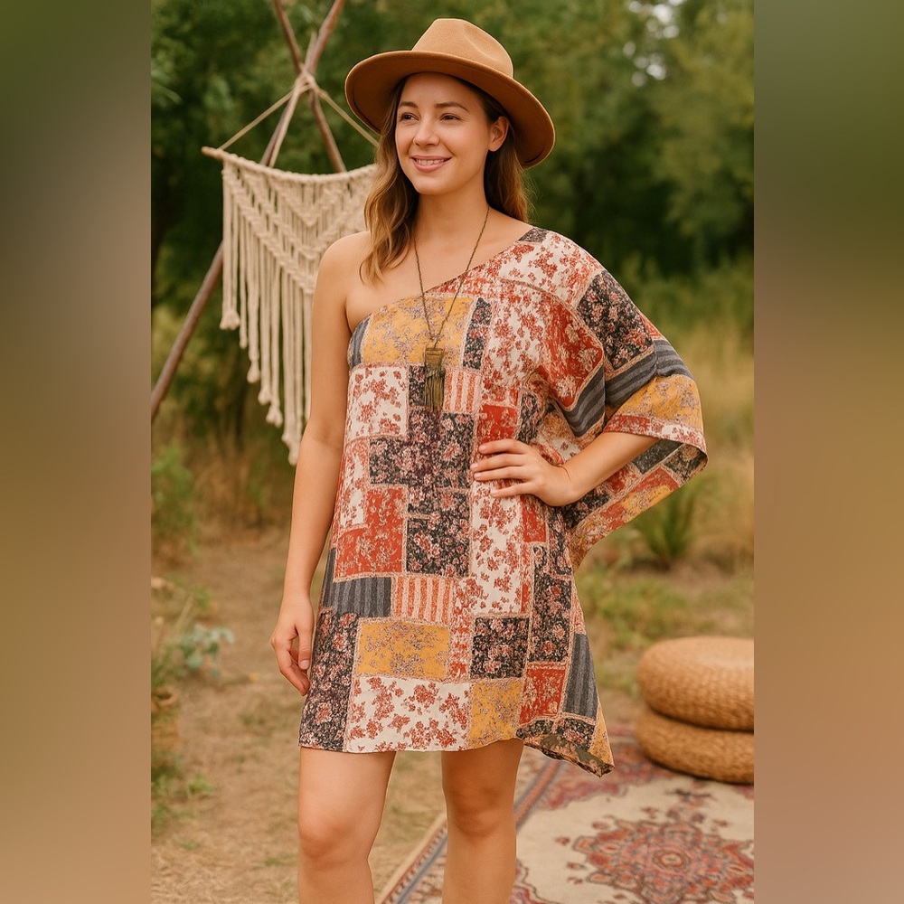 Savanna Jane Patchwork One Shoulder Boho Dress 1X… - image 10